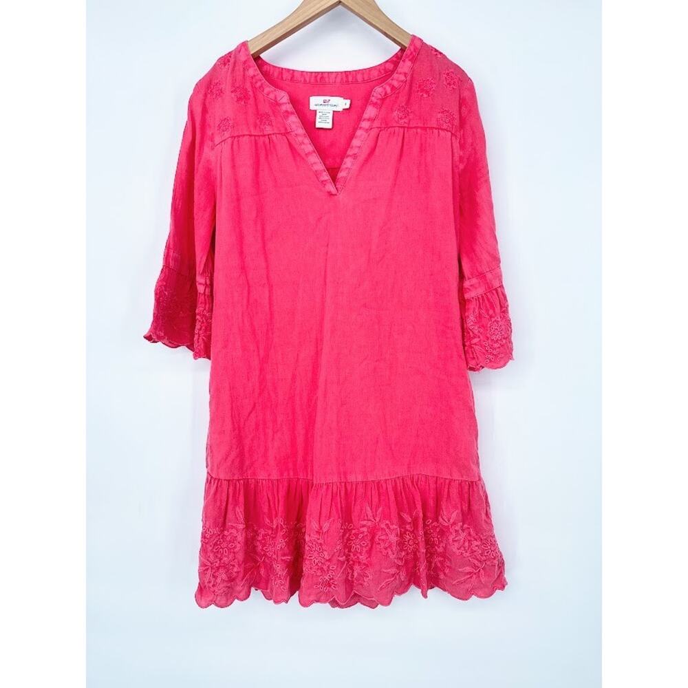 Vineyard Vines Paradise Pink Flutter Sleeve Linen Blend Dress Embroidered Size 6